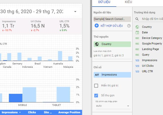 Bảng thuộc tính bộ lọc Google data studio